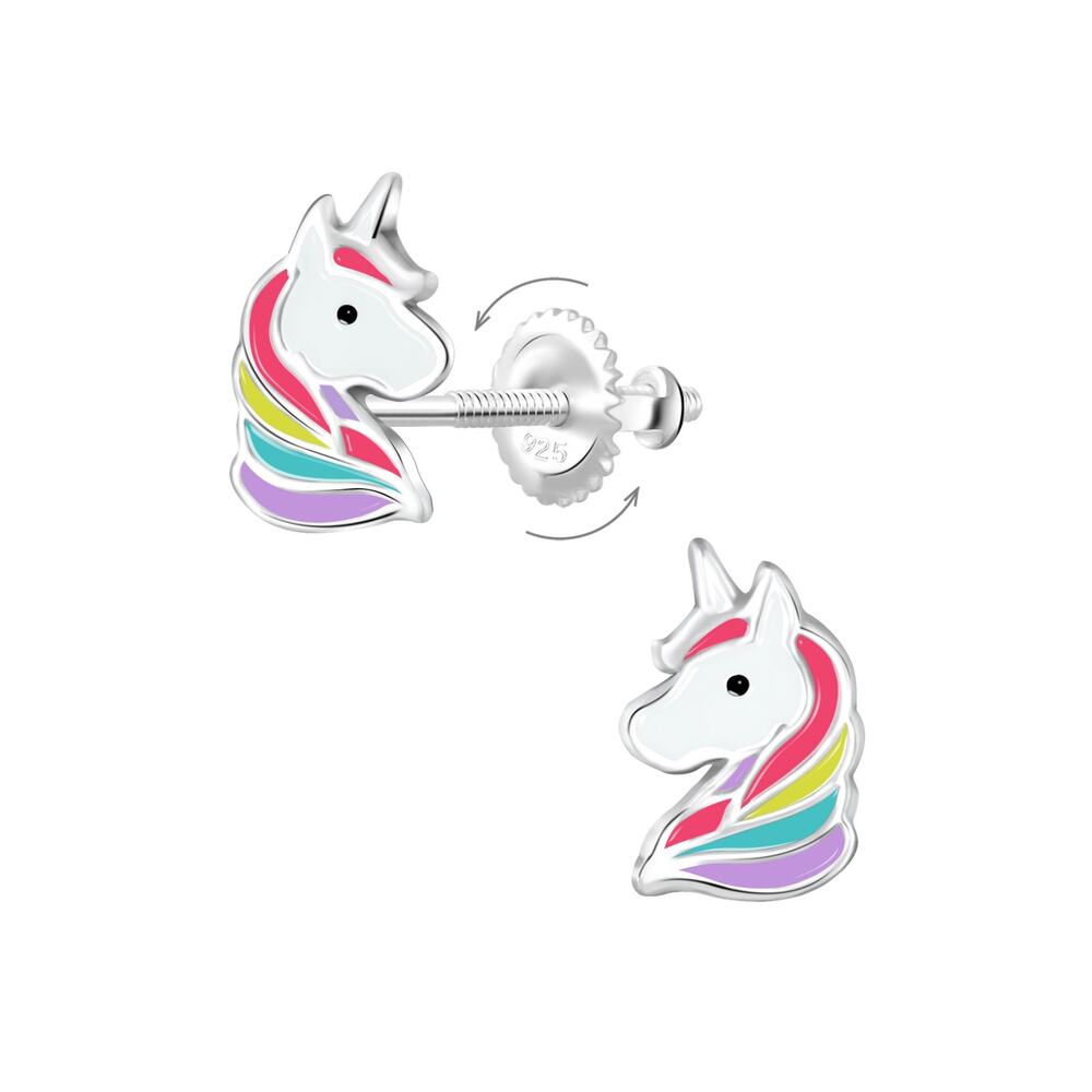 Silver Unicorn Screw Back Earrings